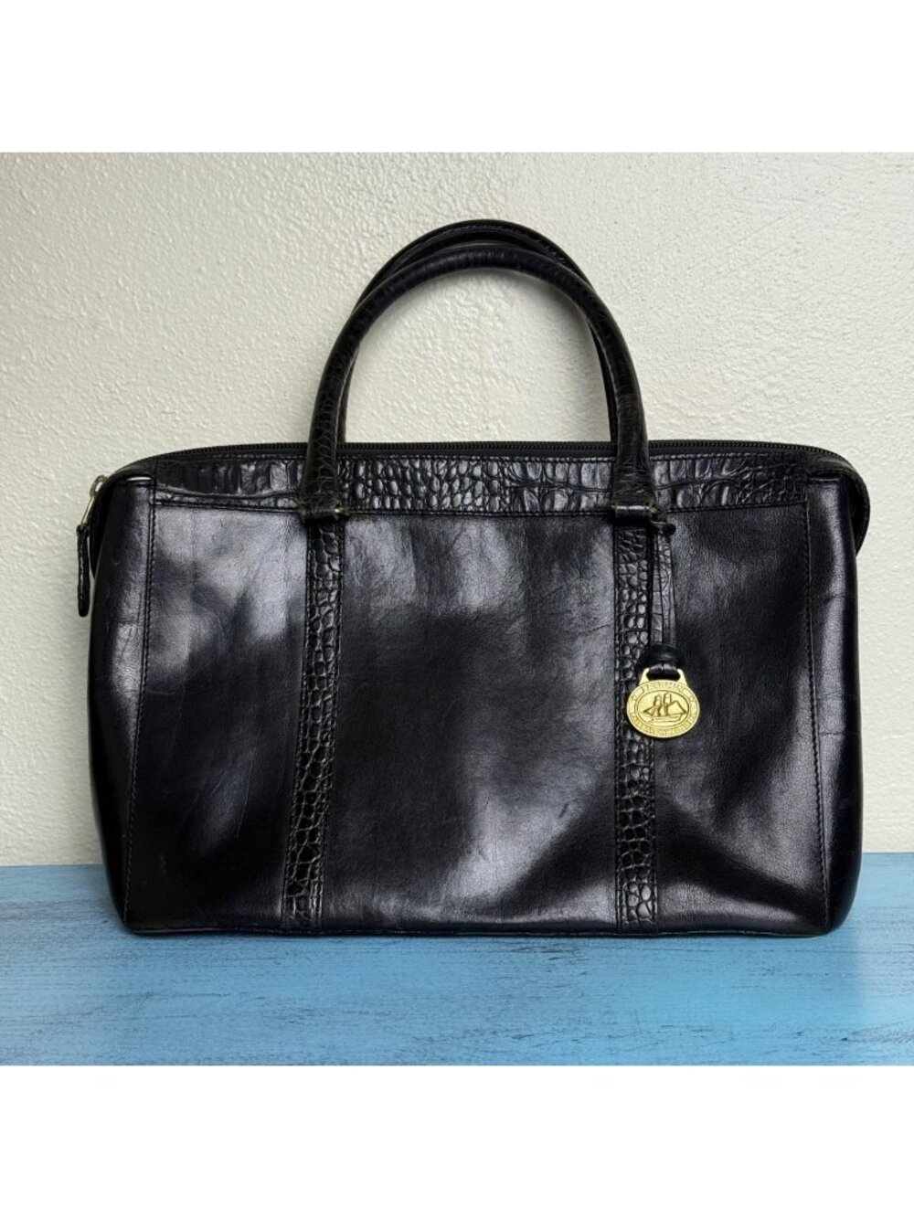 Vintage Brahmin Black Embossed Leather Satchel Bag